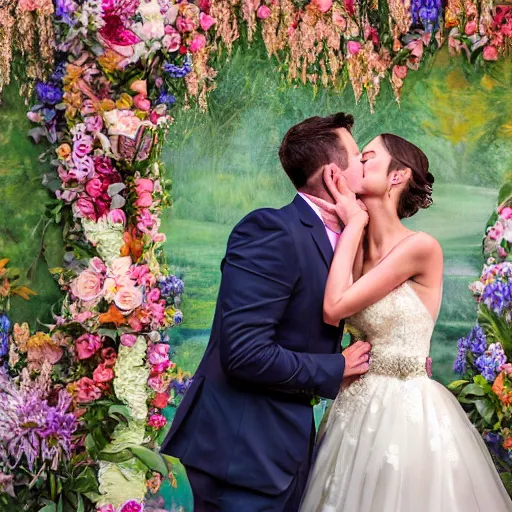 Image similar to the groom kisses the bride at a wedding full of flowers, bright and happy, art, highly detail, 4 k realistic, wedding photo, louise dahl - wolfe, andrea kowch, sophie anderson, lilia alvarado