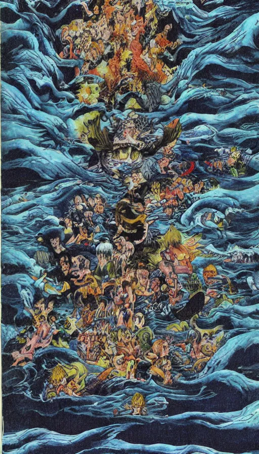 Prompt: man on boat crossing a body of water in hell with creatures in the water, sea of souls, by yoshihiro togashi