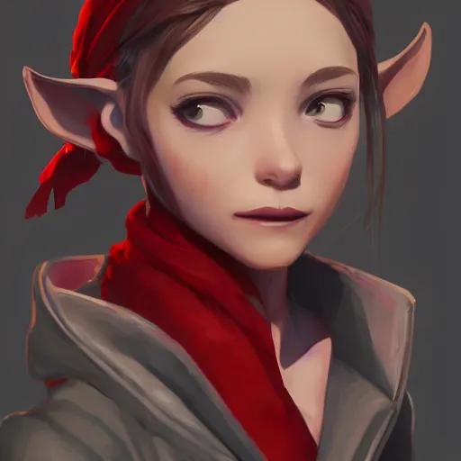 Image similar to Goblin Female portrait, Red Scarf, hatched ear, golden earring, white background, by makoto shinkai, Riot Games, highly detailed, digital illustration, concept art, trending on artstation