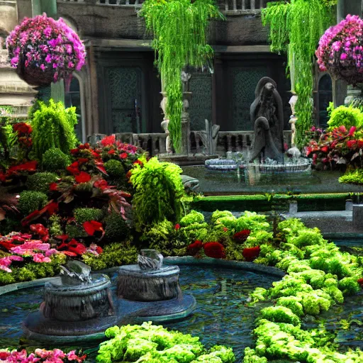 Image similar to garden inside a dark mansion, fountain, flowers, realistic, highly detailed, background of resident evil game