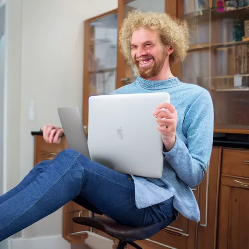 Image similar to tall pale skinny caucasian man with curly blonde hair with mismatching socks and capri pants holding laptop computer and laughing