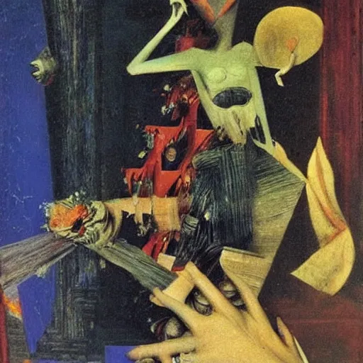 Image similar to bride falls over, oil painting by max ernst