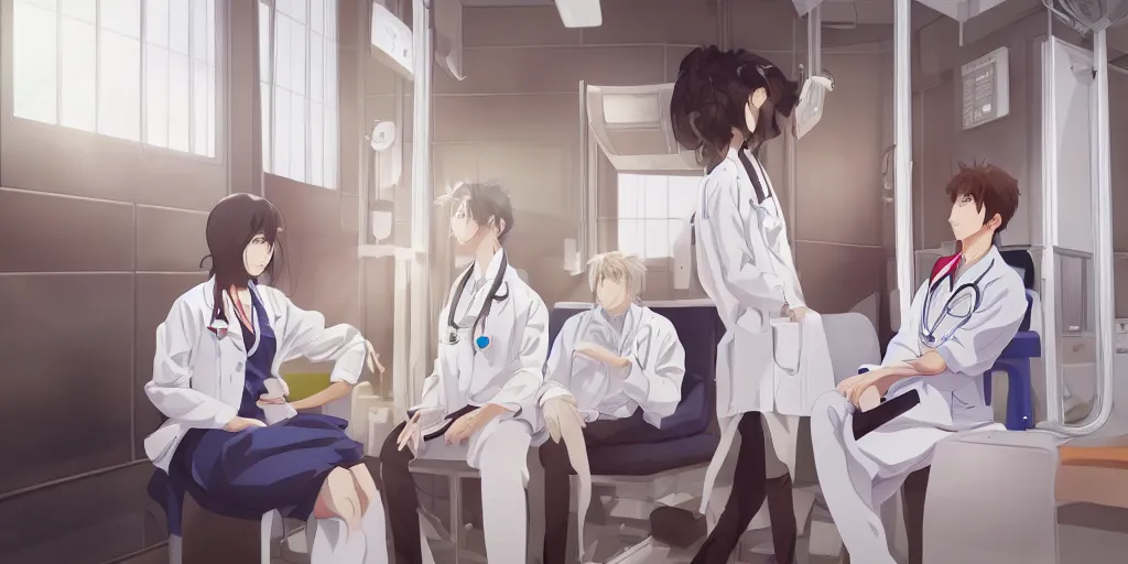 Image similar to a cute and beautiful young female doctor wearing white coat are talking with a handsome young man wearing white coat in a hospital ward, highly detailed, digital painting, slice of life anime, illustration, anime scenery by Makoto shinkai