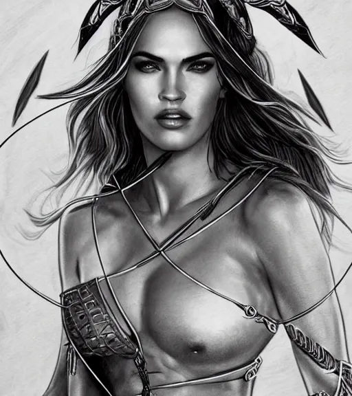 Image similar to portrait of megan fox as beautiful aphrodite goddess as an archer, arrow crown, beautiful piercing eyes, flowing blonde hair, realistic face, black and white drawing, in the style of greg rutkowski, fantasy, amazing detail, epic, intricate, elegant, smooth, sharp focus