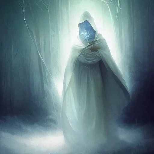 Image similar to ''cinematic shot'' white hooded mage ( spectre ) holding a diamond with leaves falling simetrical 8 k atmosferic realistic made by ivan aivazovsky, peter mohrbacher, greg rutkowski volumetric light effect broad light oil painting painting fantasy art style sci - fi art style realism premium prints available artwork unreal engine