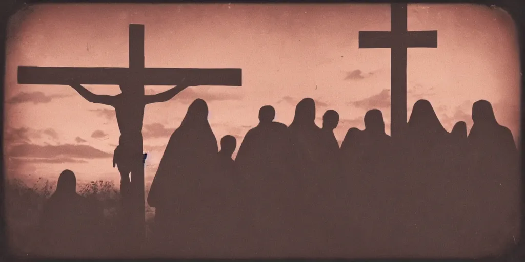 Image similar to “A large strange crucifix standing in a field surrounded by cultists in black robes next to a bonfire, dirty award winning vintage photography, glowing red sky, distorted photo”