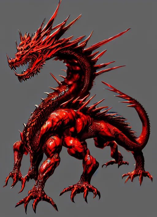 Prompt: Red and gold scaled dragon with blue eyes. In style of Yoji Shinkawa and Hyung-tae Kim, trending on ArtStation, dark fantasy, great composition, concept art, highly detailed.