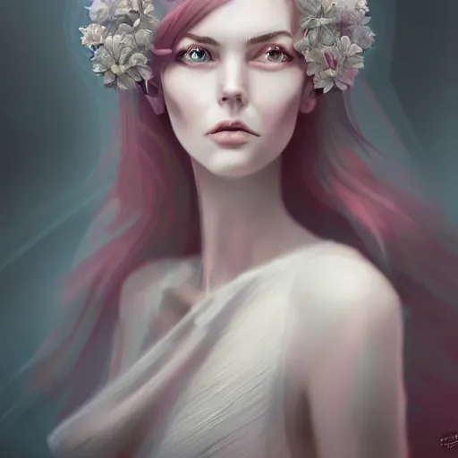 Image similar to character concept portrait of a stoic and proud woman with pale face, flowerpunk, intricate, elegant, digital painting, fantasy, smooth, sharp focus,