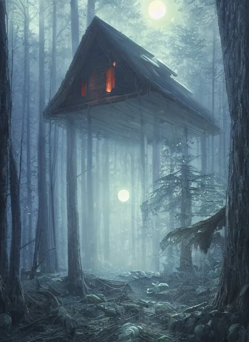 Prompt: an abandoned log house in an ancient bioluminescent forest, waxing moon, greg rutkowski, 8 k, shallow depth of field, intricate detail, concept art,