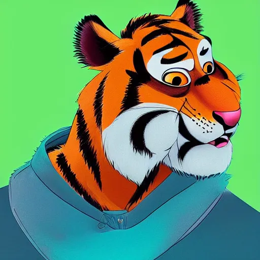 Image similar to “portrait of tiger in the style of the movie zootopia holding a laser gun, 4k, digital art, award winning”