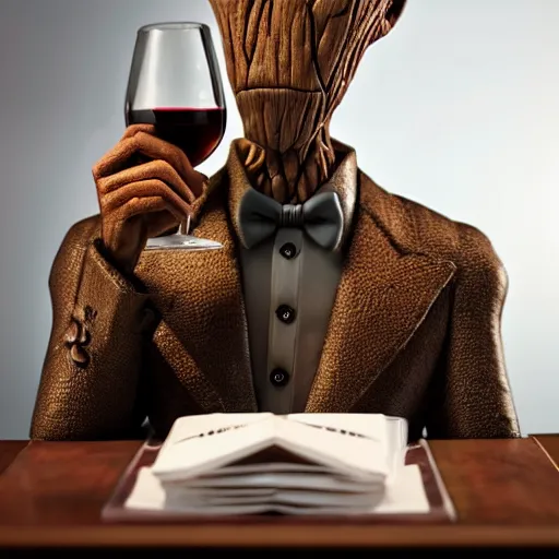 Image similar to realistic groot as a gentleman wearing tuxedo drinking wine, 1 0 0 mm, photorealistic, movie shot, studio lighting, 8 k