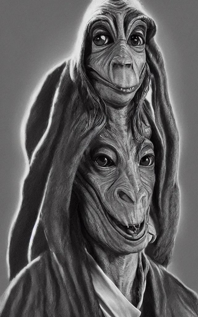 Image similar to “photorealistic portrait of Jar Jar Binks as a detective, in the style of Otto Preminger, trending on artstation, detailed, black and white”