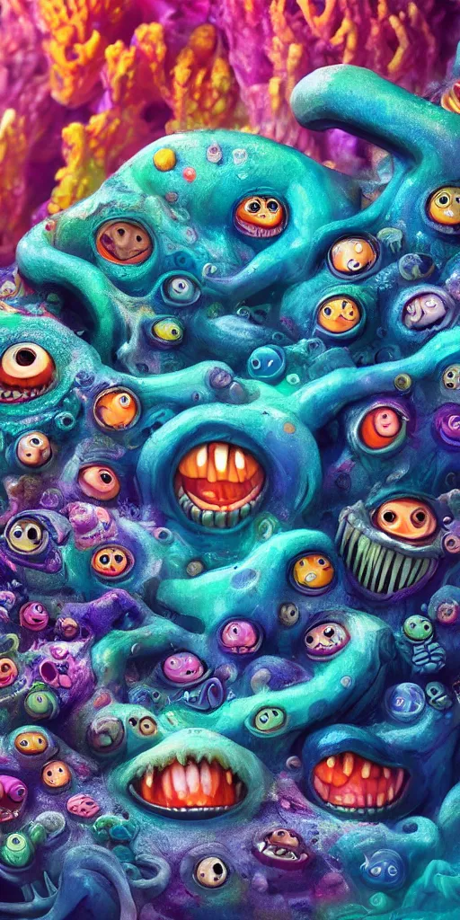 Image similar to of a colorful deep sea cave with strange cute friendly happy creatures with huge eyes, mouth, long tongue and round teeth appearing from sandy coral, in the style of gehry and gaudi, macro lens, shallow depth of field, ultra detailed, digital painting, trending artstation, concept art, illustration, cinematic lighting, photorealism, epic, octane render