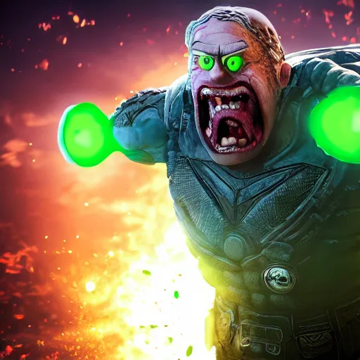 Image similar to pickle rick as superman! flying in ( gears of war ), splash art, movie still, detailed face, photorealistic facial features, cinematic lighting, dramatic, octane render, long lens, shallow depth of field, bokeh, anamorphic lens flare, 8 k, hyper detailed, 3 5 mm film grain