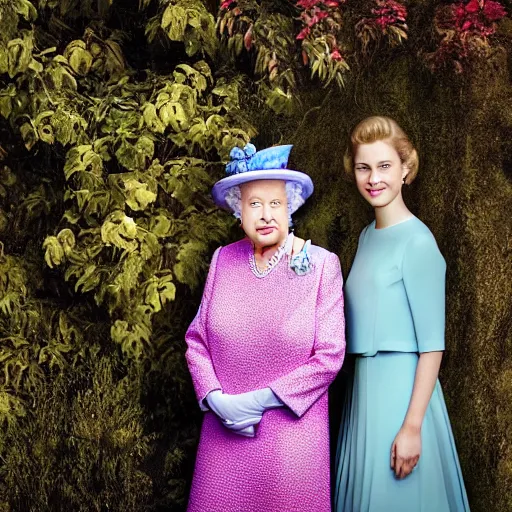 Image similar to A portrait photo of queen elizabeth teams up with a teenage queen elizabeth, perfect faces, 50 mm, award winning photography