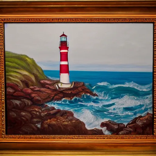 Image similar to an oil painting of a lighthouse overlooking an ocean made of blood, epic