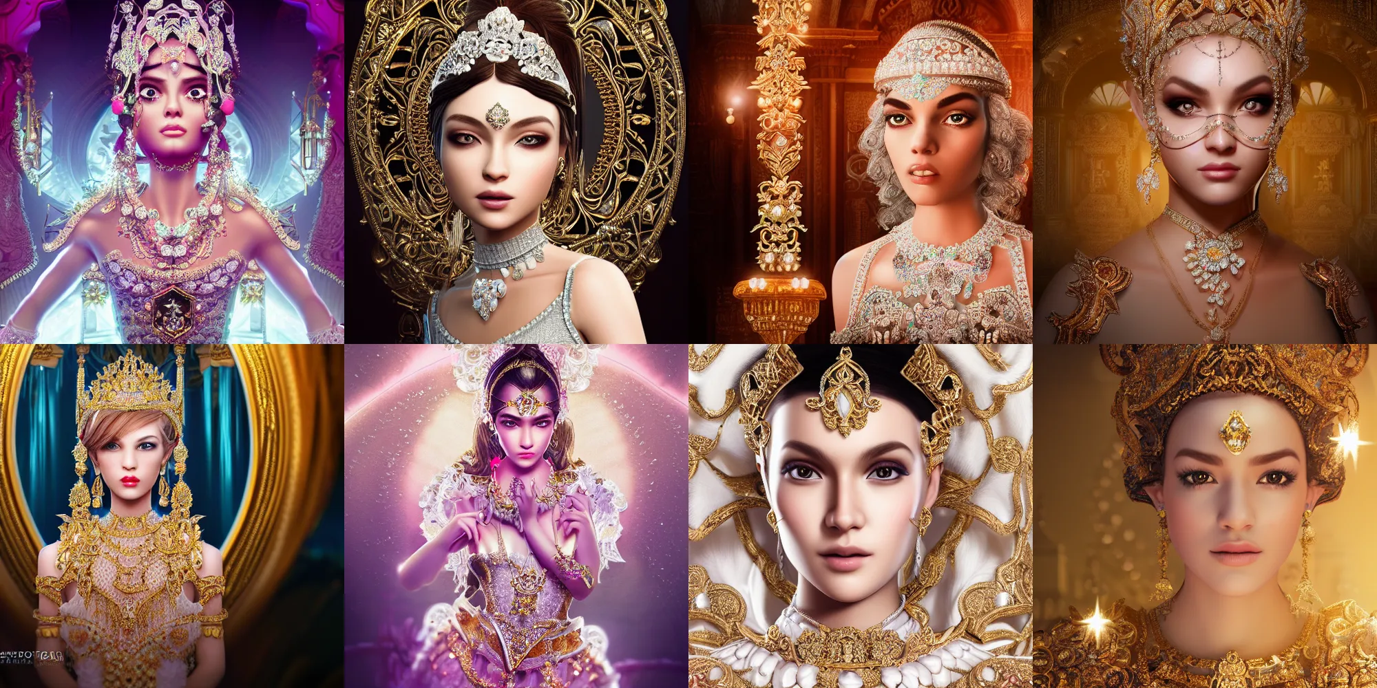 Prompt: portrait of pretty princess with perfect skin, glowing, ornate and intricate diamond jewelry, jaw dropping beauty, ornate and intricate backdrop, white accent lighting, hyper detailed, 4 k octane render