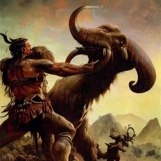 Image similar to a warrior fighting a mammoth to pretotect a girl, detailed oil painting by Frank Frazetta