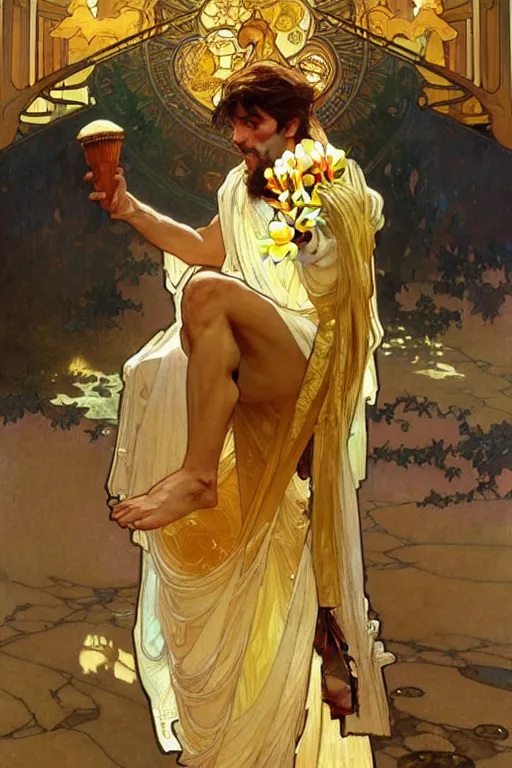 Image similar to A god wearing golden clothes, eating ice cream, fantasy, painting by greg rutkowski and alphonse mucha