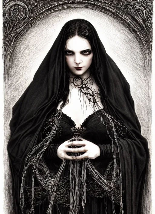 Prompt: gothic witch maiden holding a wreath and wearing a cloak, long beautiful strands of black hair, engraving, concept art, elden ring, illustration, smooth, sharp focus, by gustave dore and greg rutkowski, hyper realistic face, piercing beautiful eyes, fantasy art, in the style of midjourney, intricate, alphonse mucha, hyper detailed