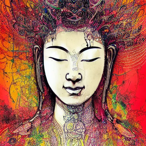 Image similar to contented female bodhisattva, praying meditating, realism, elegant, intricate, portrait illustration by Carne Griffiths and David Cronenberg