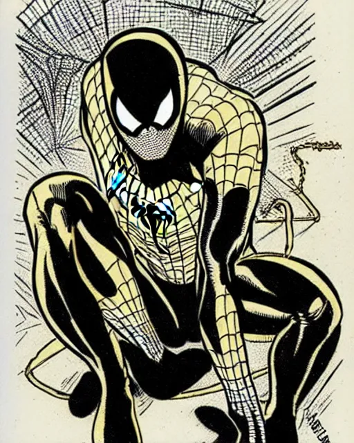 Image similar to sketch of a gold and black spider - man by steve ditko