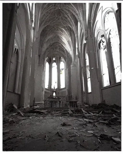 Prompt: a disposable camera photo of an abandoned cathedral haunted by a ghost