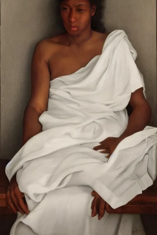 Prompt: hyperrealism, portrain of red skinned woman in white sheets, soft light, in style of classicism