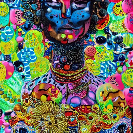 Prompt: hyperrealism, cyberpunk girl, wrapped in flowers and wired in the style of yayoi kusama, by barry lyndon, ultra detailed high resolution, deep colors, classicism mixed with hyperrealism - h 7 6 8