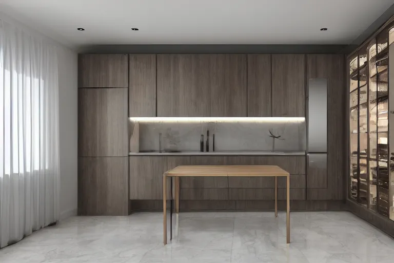 Image similar to highly detailed interior design of a modern pantry table and wall, mirrors, veneer, luxury design, studia 5 4, 3 d render, ultra realistic, v - ray render, high definition