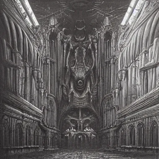 Prompt: monstrous and twisted cathedral with an altar that has a statue to many eyed and four armed cthulhu. in the style of hr giger and zdzisław beksinski piranesi gloom misty glow oil painting biomechanical