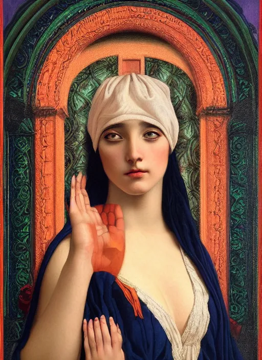 Image similar to beautiful cult magic psychic woman, oil painting, robe, symmetrical face, greek dark myth, by John William Godward and Anna Dittman, masterpiece