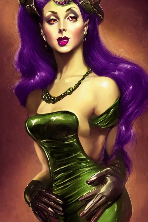 Prompt: portrait, headshot, digital painting, of beautiful lady alien extraterrestrial merchant, purple hair, amber jewels, dark green satin spacesuit, baroque, ornate clothing, scifi, futuristic, realistic, hyperdetailed, chiaroscuro, concept art, art by gil elvgren and basil gogos