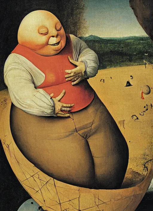 Prompt: full body detailed painting of silly round humpty dumpty with jack black facial expression, realistic, by hieronymus bosch and pieter brueghel