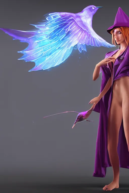 Prompt: Young petite beautiful woman in slim purple prudish wizards apprentice robes with pointy hat at a crowded magical university, a flaming magical red flame hummingbird pet, full body shot unreal engine hyperreallistic render 8k character masterpiece digital art, cell shader shading, raytracing, comic art, manga, trending on Artstation, CGSociety