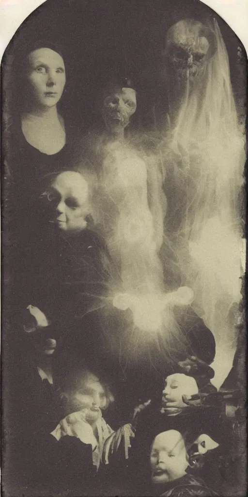 Image similar to spirit photography with glowing bulbous ectoplasm, scary reed people, sleep paralysis demon, 1 9 0 0 s, slimer, mourning family, invoke fear and dread, old photograph, daguerreotype, face of mona liza in the center