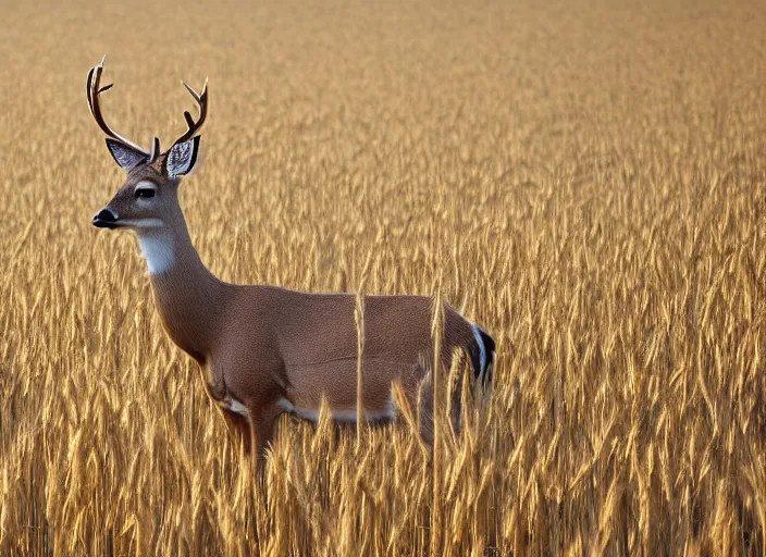 Image similar to A photo of a deer standing in a wheat field surrounded by a forest