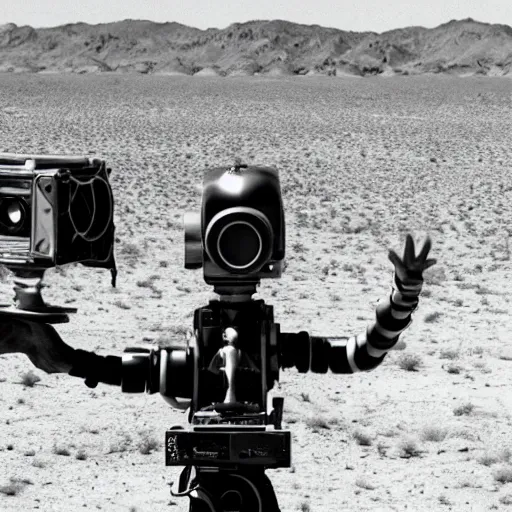 Prompt: a friendly alien in the desert, spaceship in background, arriflex lens