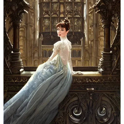 Image similar to audrey hepburn in an epic victorian novel, inside an ornate castle, intricate, elegant, highly detailed, digital painting, artstation, matte, illustration, art by artgerm, greg rutkowski, loish, rhads, ferdinand knab, makoto shinkai, lois van baarle, ilya kuvshinov, rossdraws, tom bagshaw