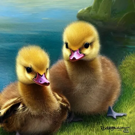 Prompt: two baby ducklings wearing armour going on an adventure, fantasy, detailed digital art