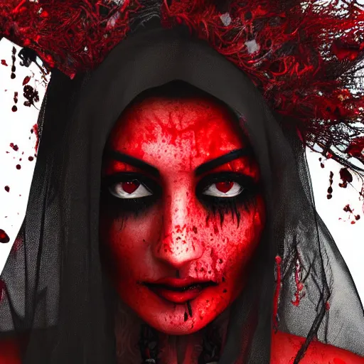 Prompt: beautiful Hindu lady of the dark with veil, in darkness, cover with a lot of red water, horror terrifying, surreal realistic, photorealistic, hyper details, full HD, 8k!