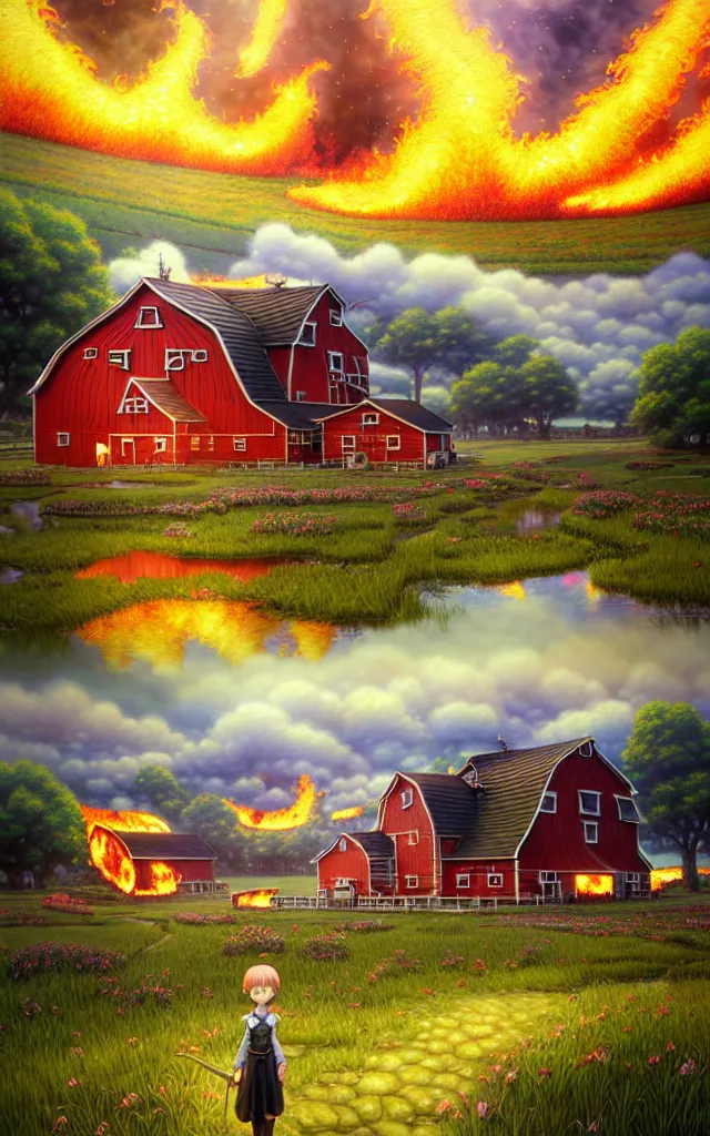 Image similar to wide view of a farm ,reflections of fire clouds, fantasy, intricate, richly detailed colored 3D illustration of a beautiful ornated happy farm with background with completely rendered reflections, art by Range Murata and Artgerm highly detailed, digital painting, trending on artstation, sharp focus, D&D, illustration, style of Stanley Artgerm, perfect smile vogue, awards, model,