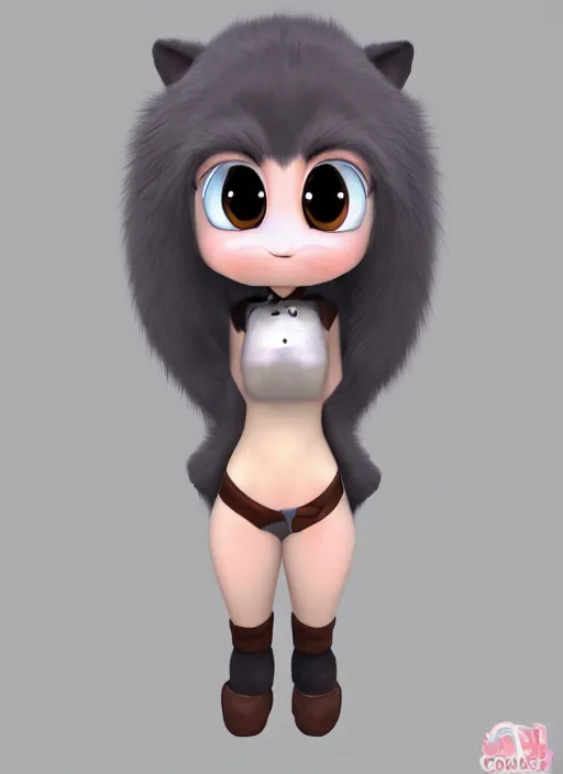 Prompt: female furry mini cute style, character adoptable, highly detailed, rendered, ray - tracing, cgi animated, 3 d demo reel avatar, style of maple story and zootopia, maple story rat girl, grey rat, dark skin, soft shade, soft lighting