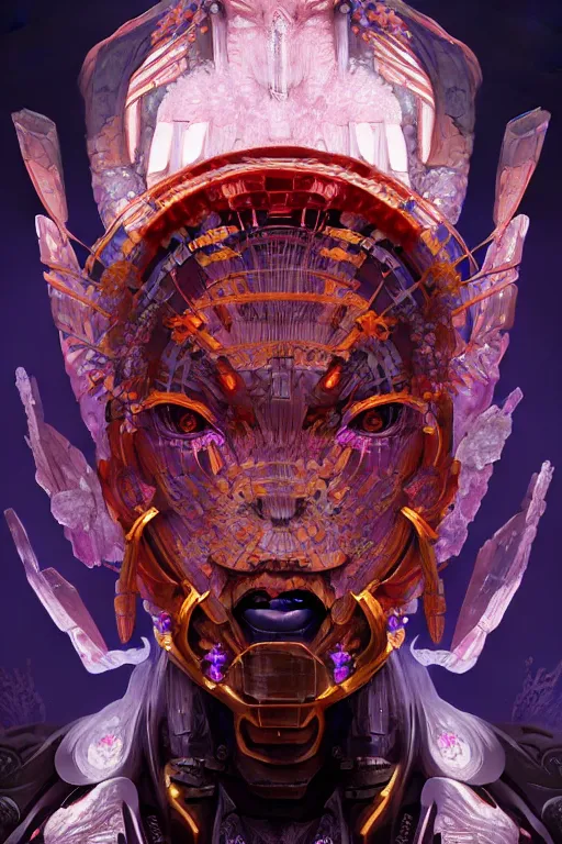 Image similar to asura from chinese myth, ghost, gorgeous and huge head ornaments, dystopian, cyberpunk, organic fractal mycelum and fungi, mecha, halfturn portrait of a big crystal face made of crystals half - turn, ominous, intricate, studio, art by anthony macbain + greg rutkowski + alphonse mucha, concept art, 4 k, sharp focus