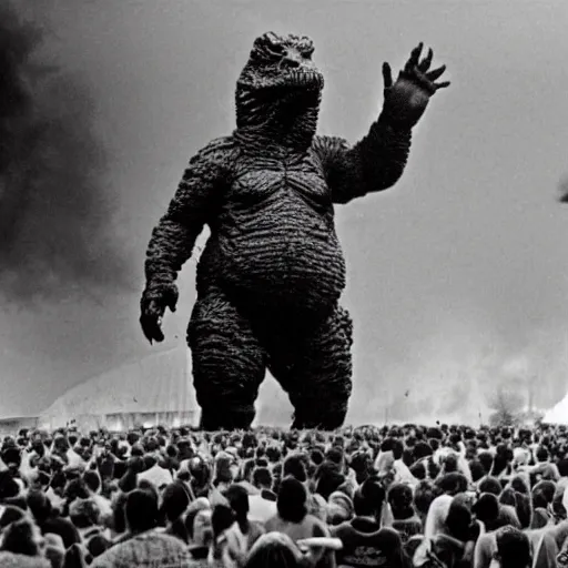 Image similar to a human sized Godzilla performing on stage at Woodstock, photo