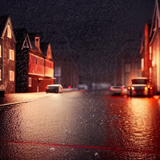 Image similar to dark rainy night, lights, swedish red houses, cars driving, rain on screen, realistic, cinematic, raytracing, intense detail, artstation