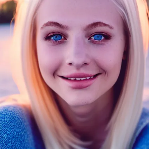 Image similar to beautiful portrait of a cute thin young woman smiling softly, long light platinum blonde hair, flushed face, blue eyes, golden hour, 8 k, portra 4 0 0