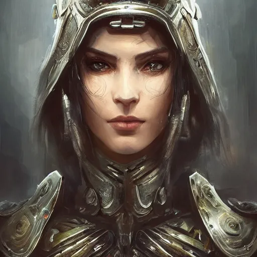 Image similar to a full-face portrait of an attractive young woman, clothed in battle armor, olive skin, long dark hair, beautiful bone structure, symmetrical facial features, intricate, elegant, highly detailed, digital painting, trending on Artstation, concept art, smooth, sharp focus, illustration, from Metal Gear by Ruan Jia and Mandy Jurgens and Artgerm and and william-adolphe bouguerea, award winning