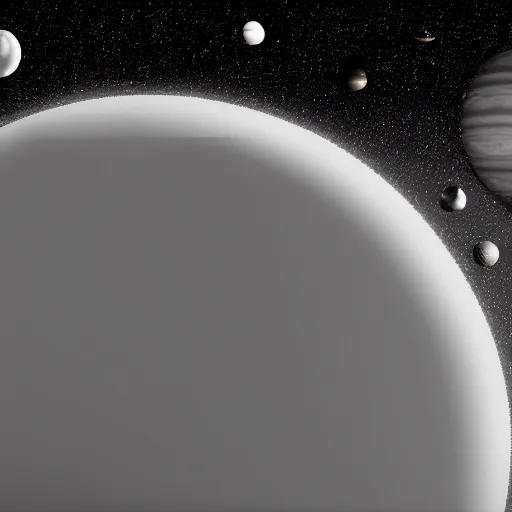 Prompt: large gray planet with hundreds of moons, coherent, greyscale, space, orbit