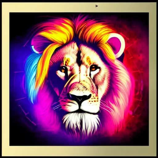 Image similar to lion, epic retrowave art, trending on art station